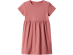 Pink short-sleeved dress with a gathered waist