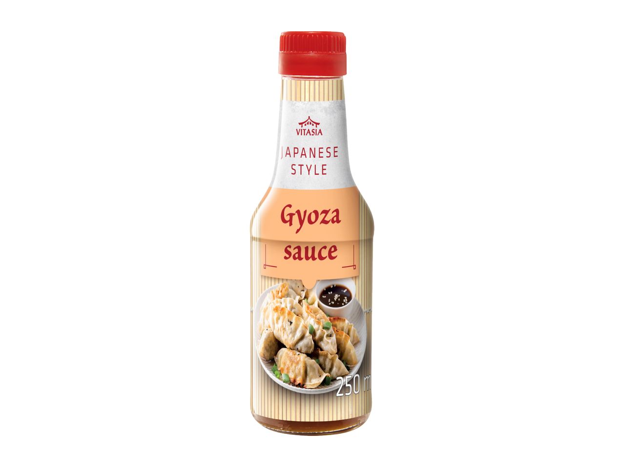 Japanese style gyoza sauce in a bottle with a picture of dumplings and a dipping bowl.