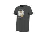 T-shirt gris foncé avec un motif abstrait de feuilles et le texte 'IBIZA CARNIVAL EIVISSA'.