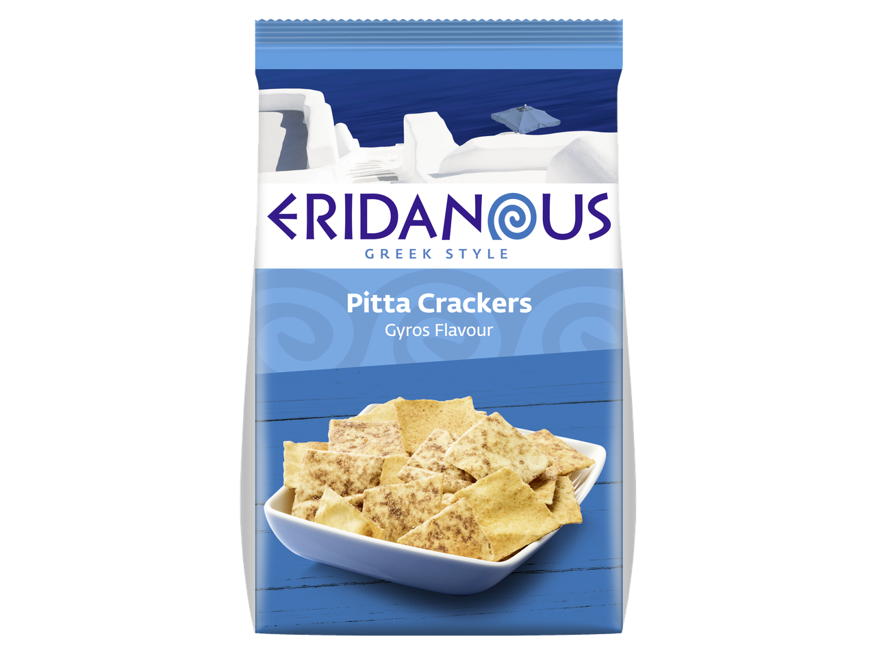 ERIDANOUS Pitta krekeriai su giros skoniu maišelyje su graikiško stiliaus dizainu.