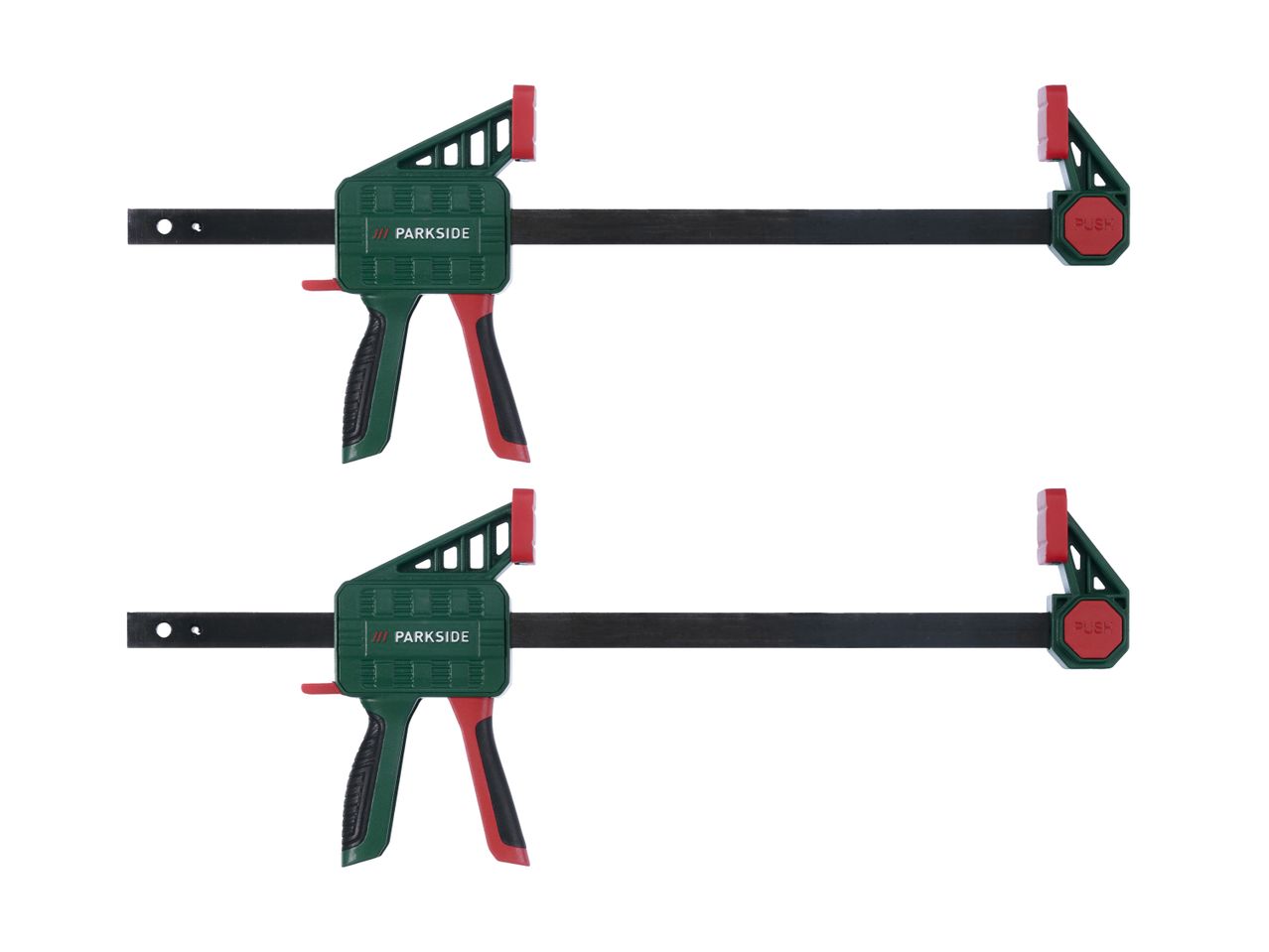 Two green and red bar clamps with black bars, used for woodworking or DIY projects.