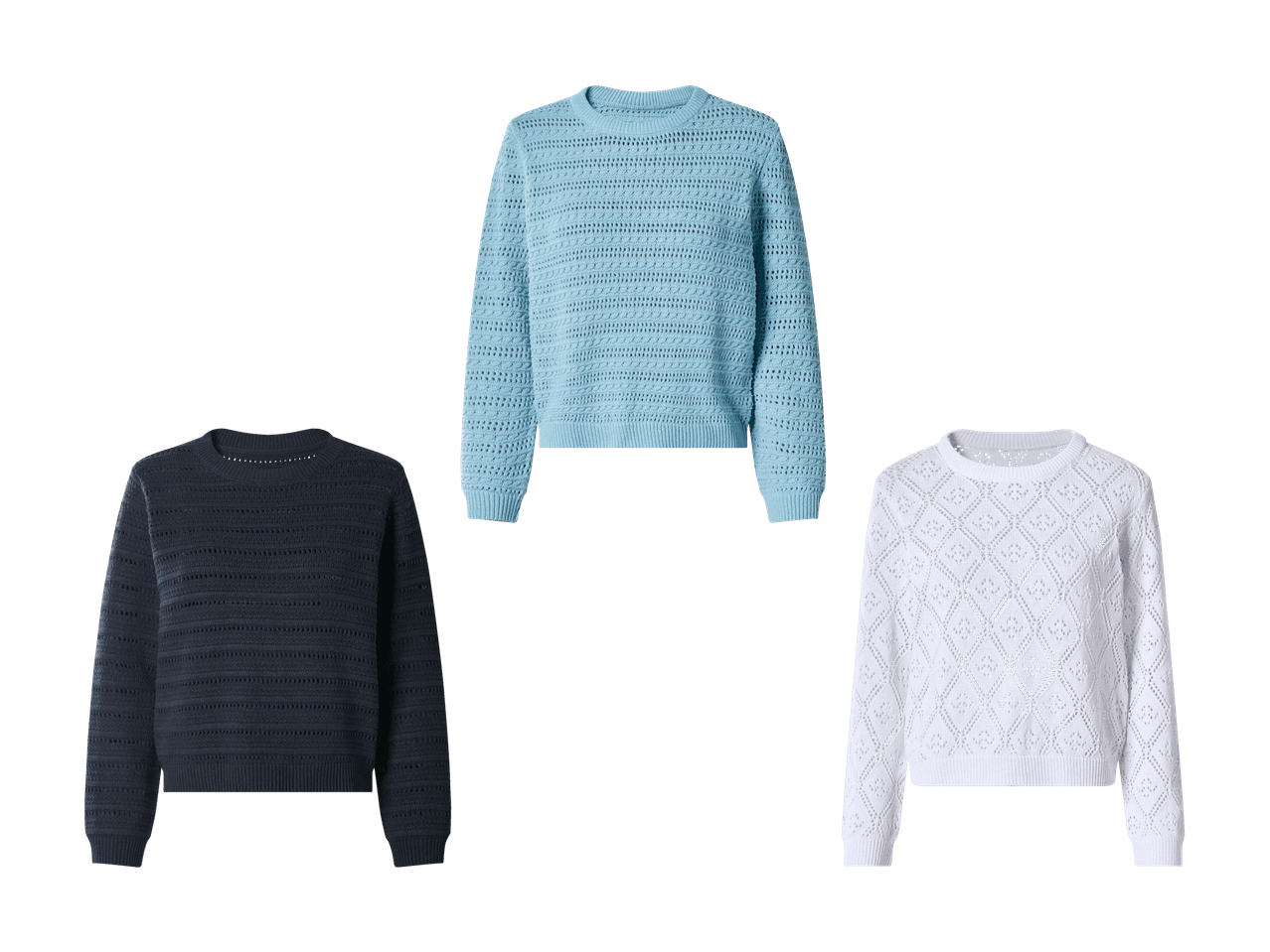 Drei langärmelige Lochstrickpullover: ein hellblauer, ein dunkelblauer und ein weißer.
