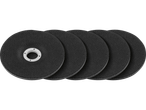 Five black abrasive cutting discs with a metal center ring.