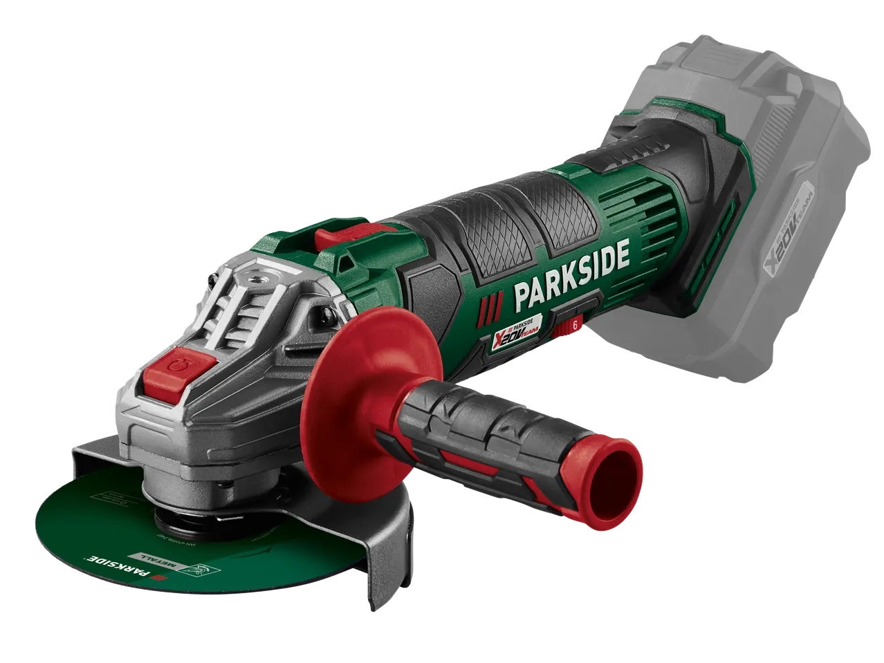 Cordless Parkside angle grinder with cutting disc.