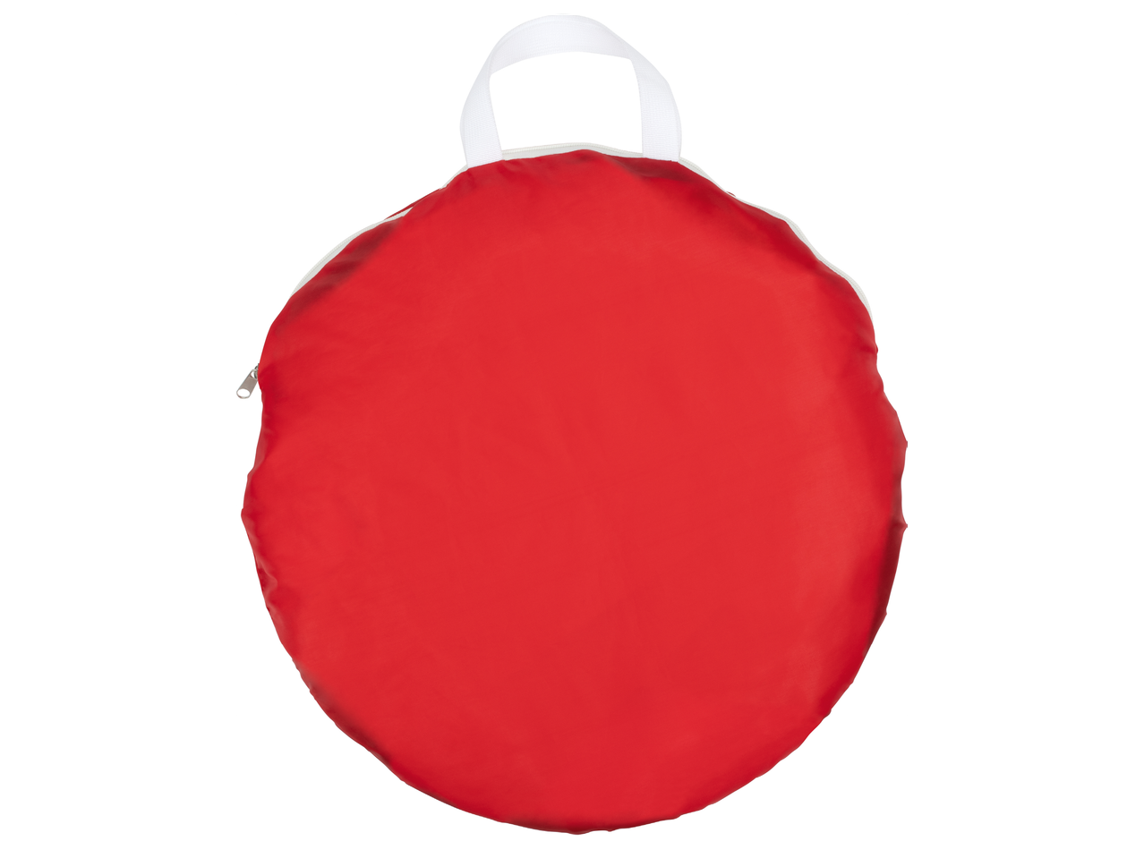 Червена кръгла чанта за съхранение с бяла дръжка и цип.
