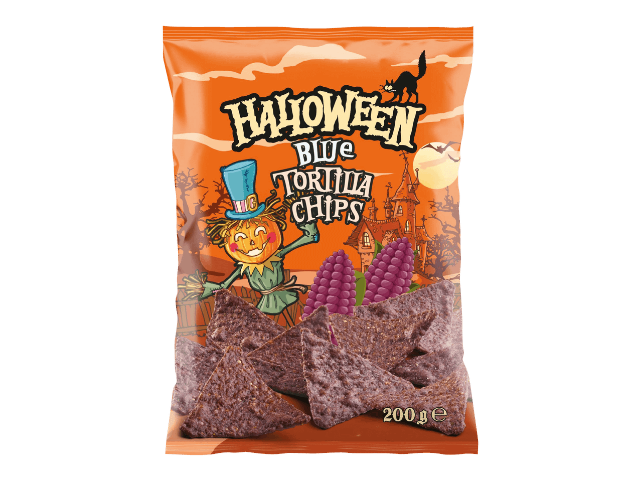 Pussi Halloween-teemaisia sinisiä maissilastuja, 200 g.