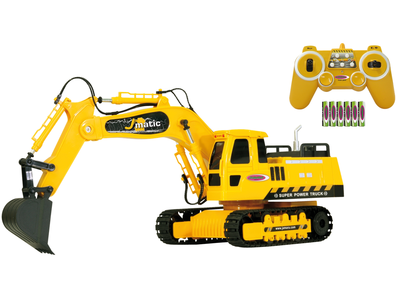 Geltonas Jamara nuotoliniu būdu valdomas ekskavatorius su pulteliu ir baterijomis.