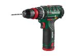 Cordless drill with a drill bit, featuring a green and black body with red accents.