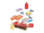 Wooden play food set with meat, fish, sushi, vegetables, and a cutting board.