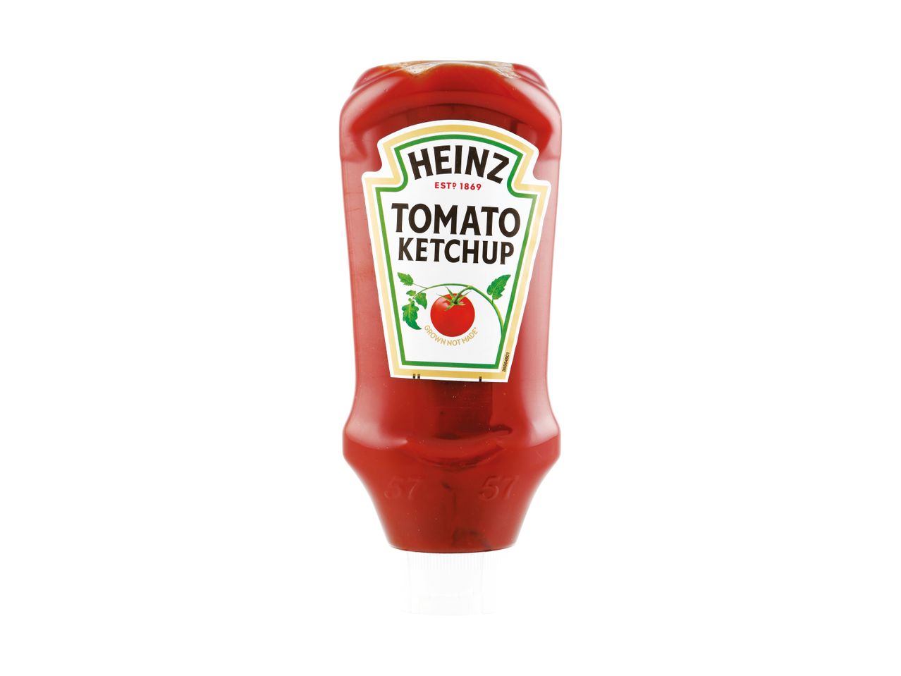 A red squeeze bottle of tomato ketchup with a white label featuring a tomato plant.