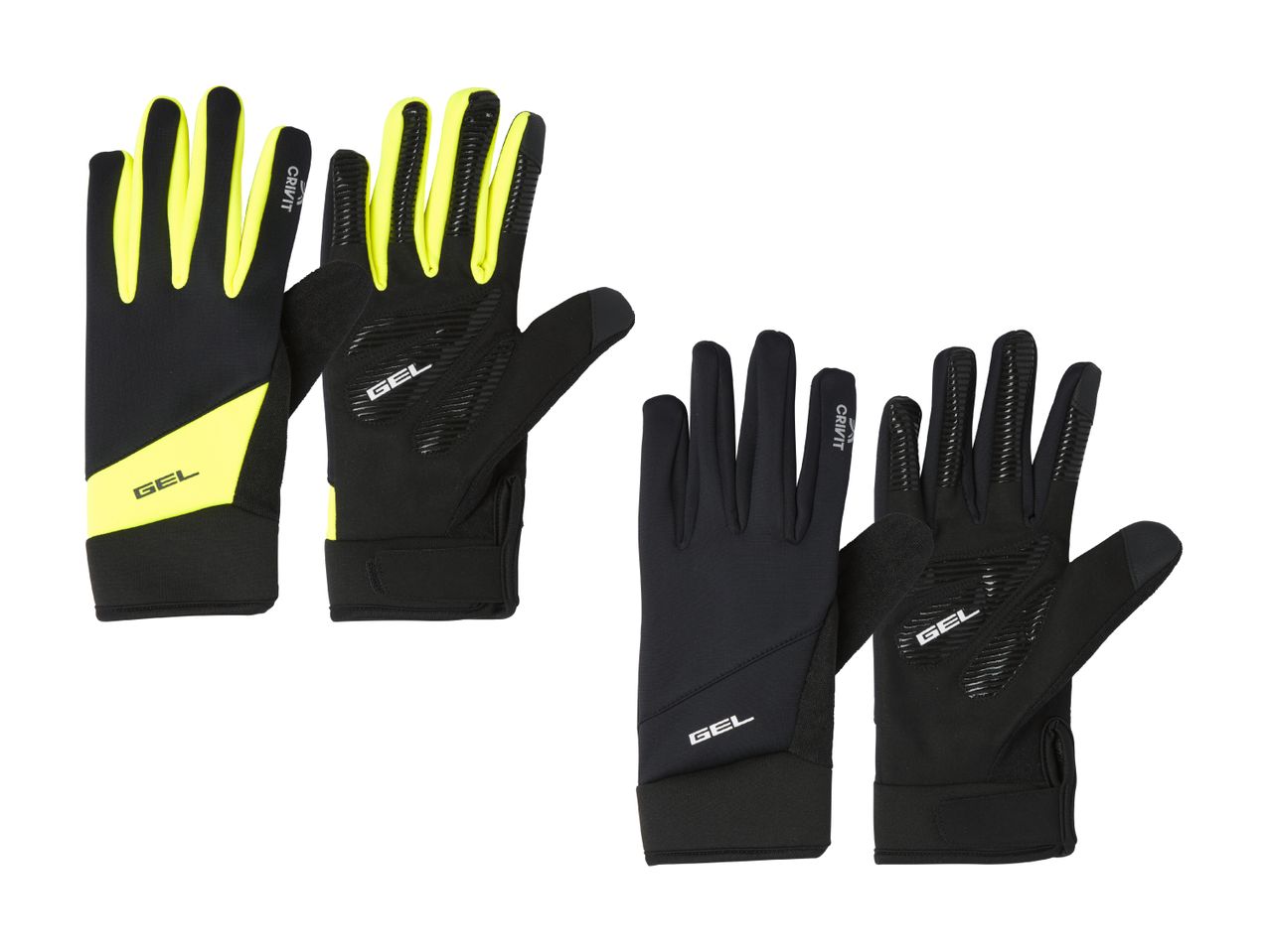 Deux paires de gants de vélo Crivit, un jaune fluo et un noir.