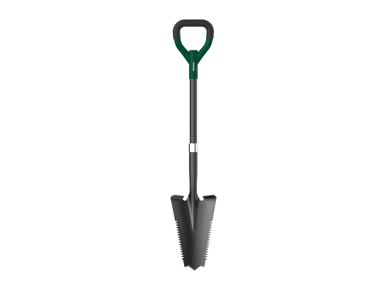 A black and green digging shovel with a serrated edge and a D-handle.