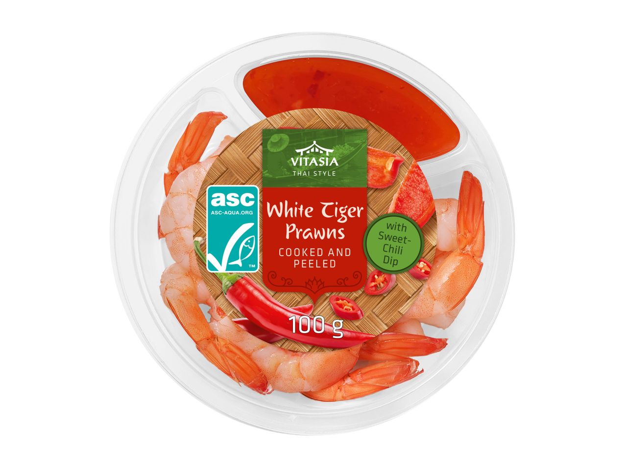 Vitasia Thai Style White Tiger Prawns (100g) with sweet chili dip.