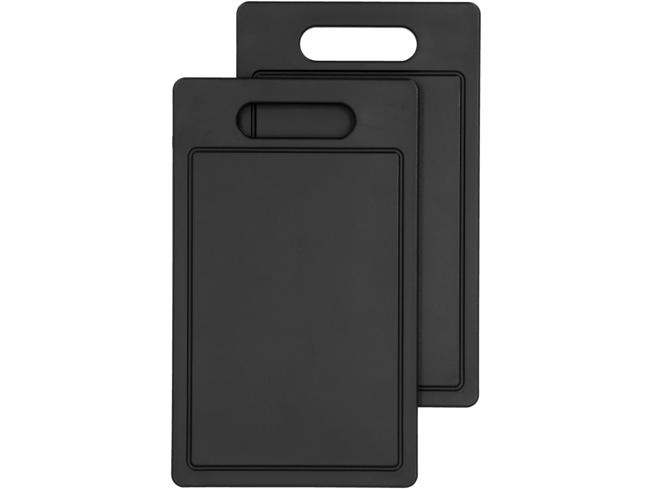 Divi melni plastmasas griešanas dēļi, viens aiz otra.