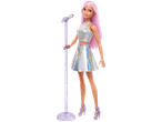 Barbie doll with pink hair, a sparkly top, holographic skirt, and purple heels, holding a microphone.