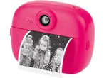 Pink instant camera with a black and white photo of three children blowing confetti.