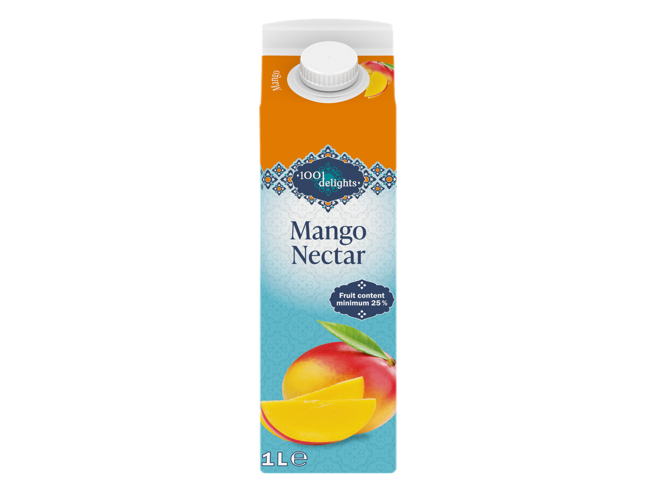 1001 Delights mangonektar 1-liitrises kartongpakendis, vähemalt 25% puuviljasisaldusega.
