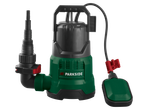 Pompă submersibilă PARKSIDE verde și neagră pentru apă curată, cu plutitor și accesorii.