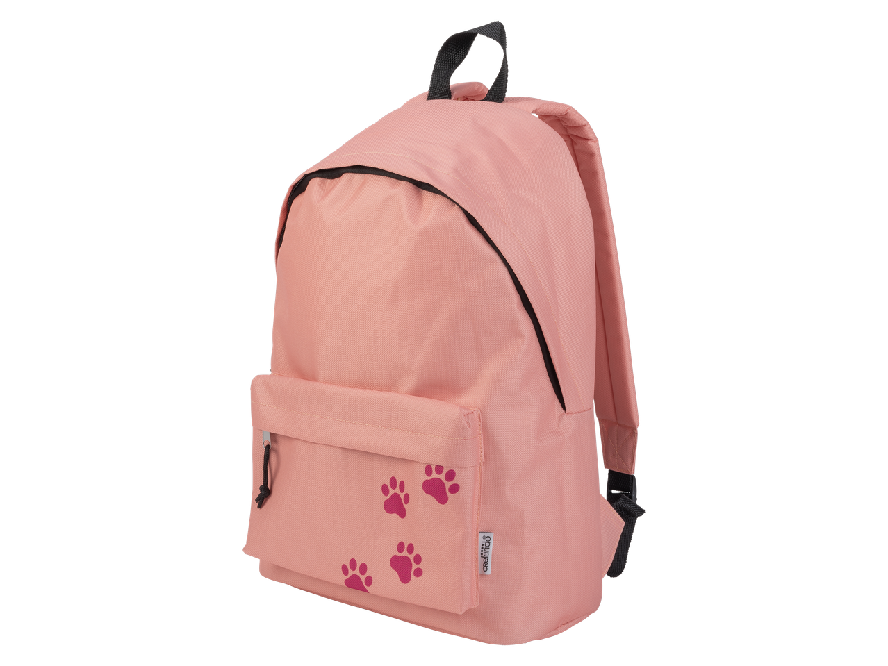 Sac à dos rose avec des empreintes de pattes fuchsia et un logo sur le côté.