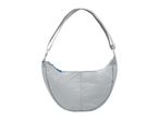 Light grey crescent-shaped shoulder bag with a blue zipper pull