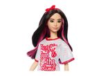 Barbie doll with dark hair and pink highlights, wearing a red headband and a white shirt with red lettering.