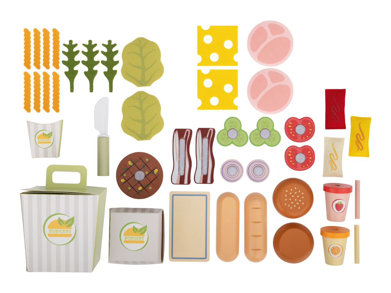 Play food set with burger ingredients, fries, drinks, and sauces in a fast-food theme.