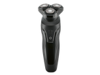 Black electric shaver with three rotary blades and a power button