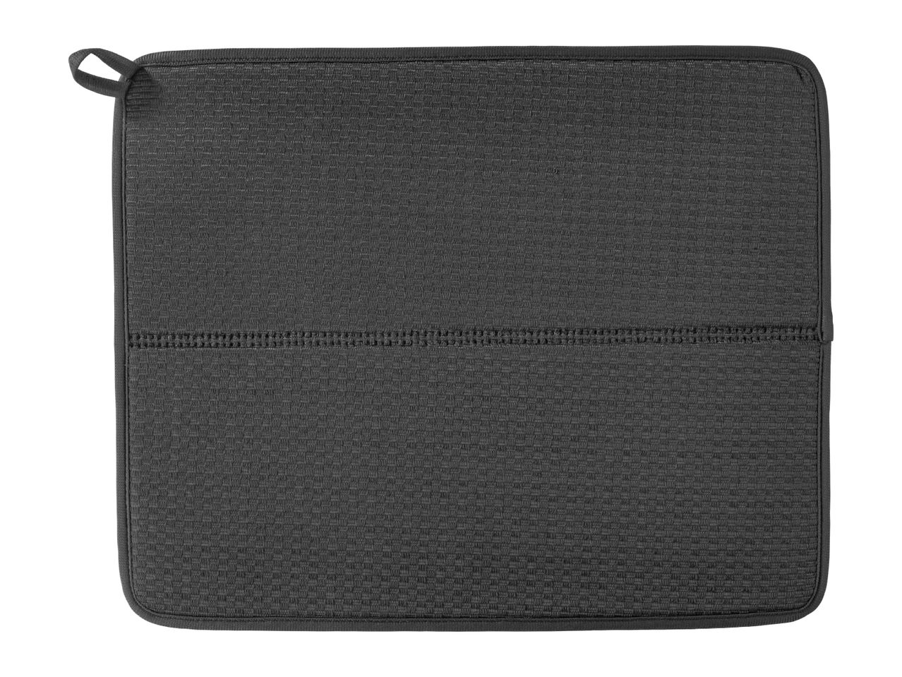 A dark gray, square kitchen hot pad with a hanging loop.