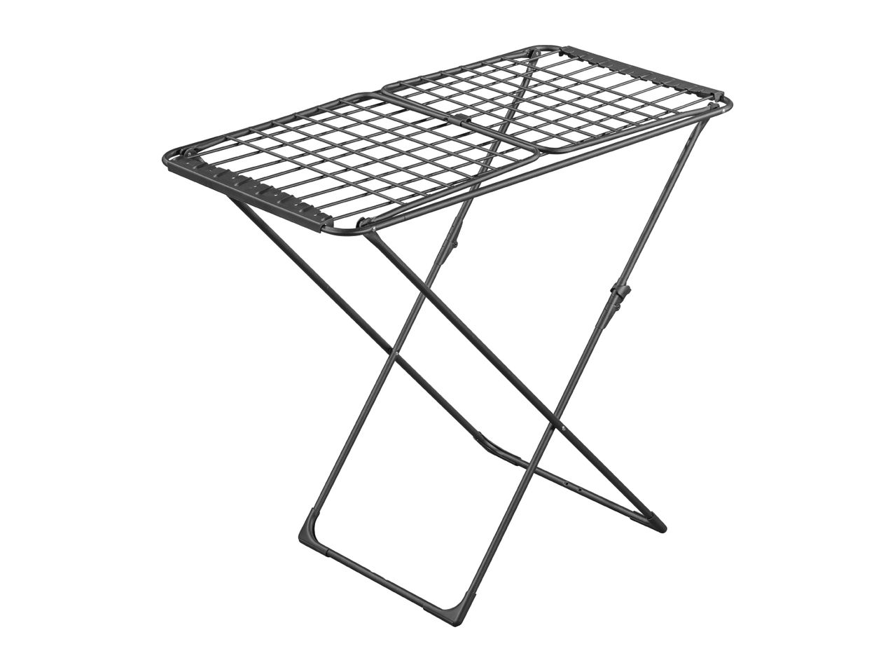 Black foldable clothes drying rack with a grid top