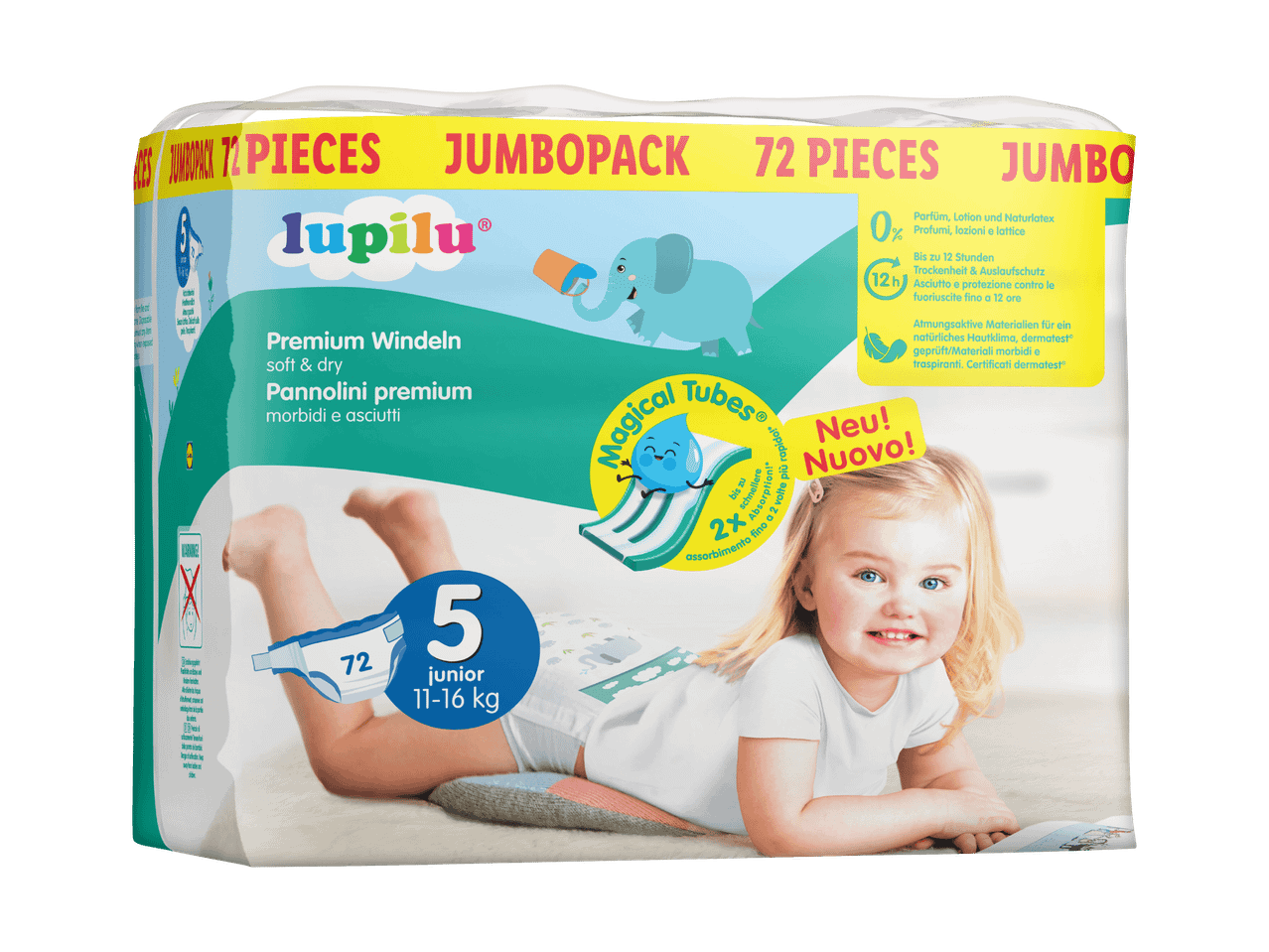 Packung Babywindeln Größe 5 (11-16 kg) mit 72 Stück, bietet bis zu 12 Stunden Schutz.