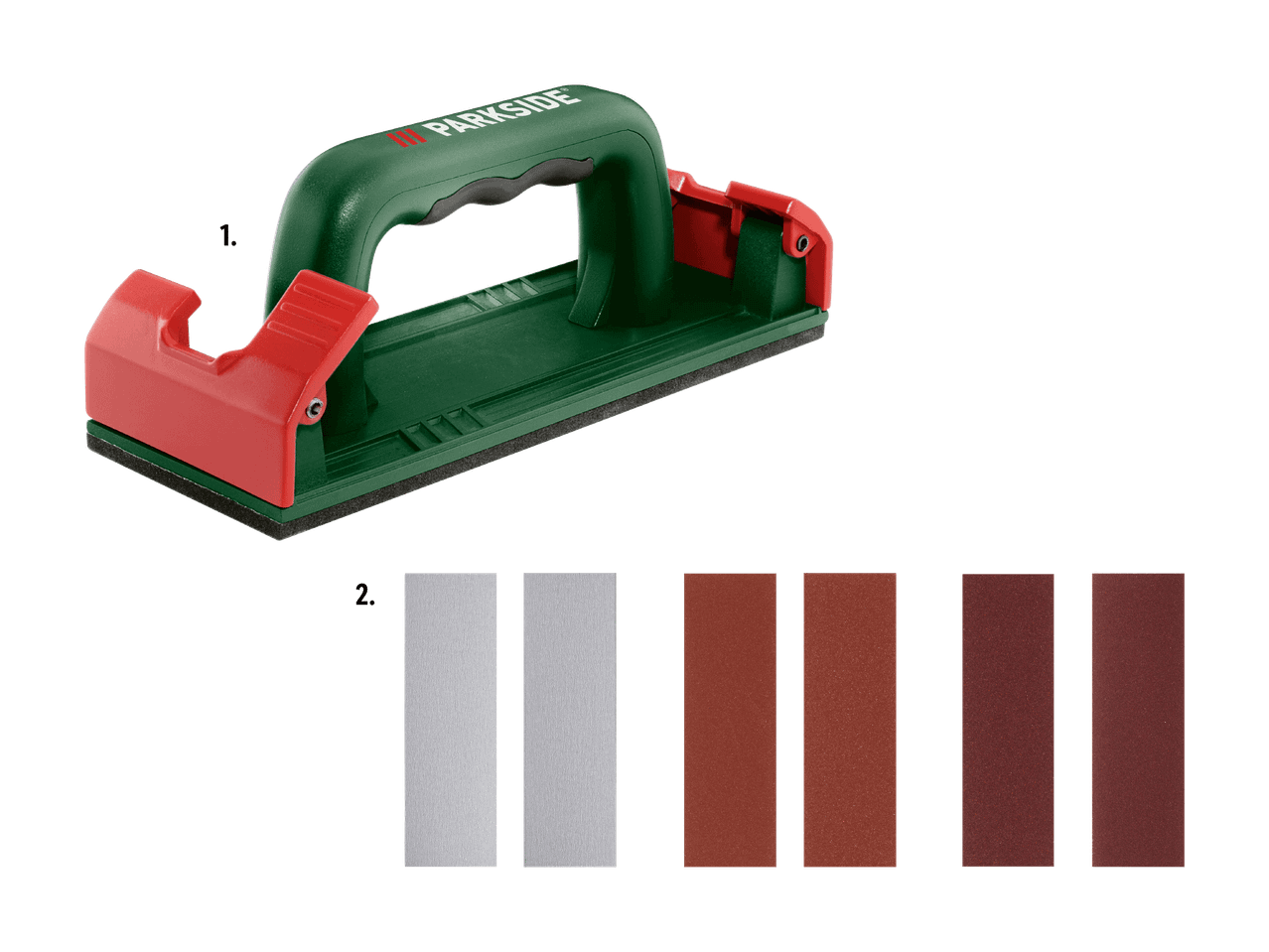 Un blocco abrasivo manuale verde e rosso con sei fogli di carta vetrata di diverse grane.