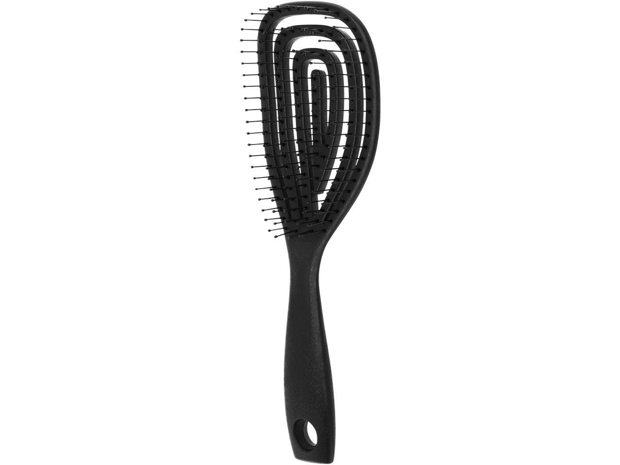 Zwarte geventileerde haarborstel met flexibele borstelharen en een ergonomisch handvat.
