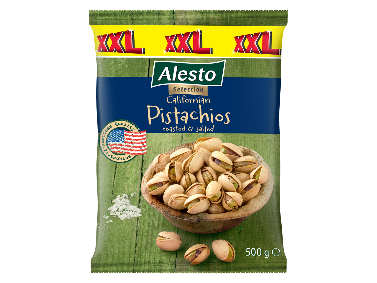 Alesto Selection Kalifornijos pistacijos, skrudintos ir sūdytos, 500g pakuotė.
