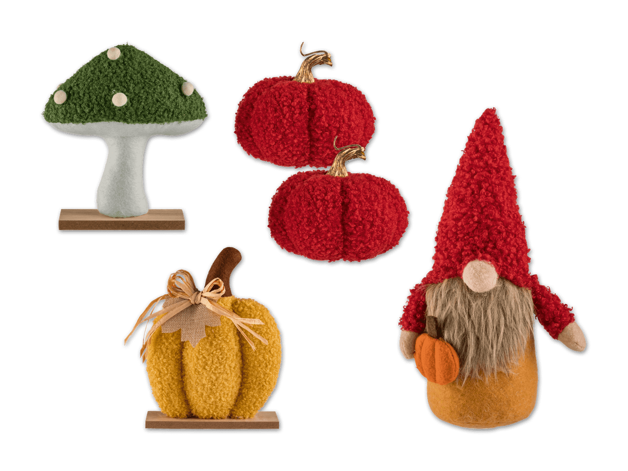 Herbstliche Dekorationen: ein grüner Pilz, rote Kürbisse, ein gelber Kürbis und ein Zwerg.