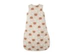 Beige baby sleeping bag with brown bear faces, white stars, and crescent moons.