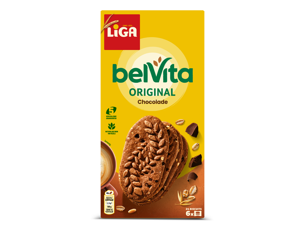 Verpakking van chocoladekoekjes met granen, vezels en voedingswaarden.