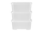 Three stackable clear plastic storage bins.