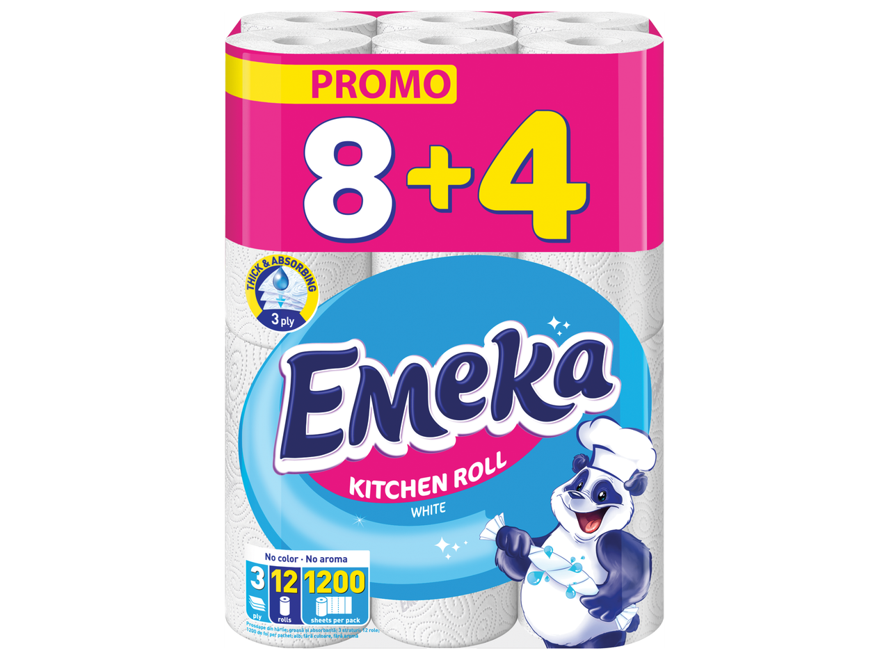 Кухненска ролка с 8+4 промоционални броя, 3-пластова, дебела и абсорбираща, без цвят и аромат.