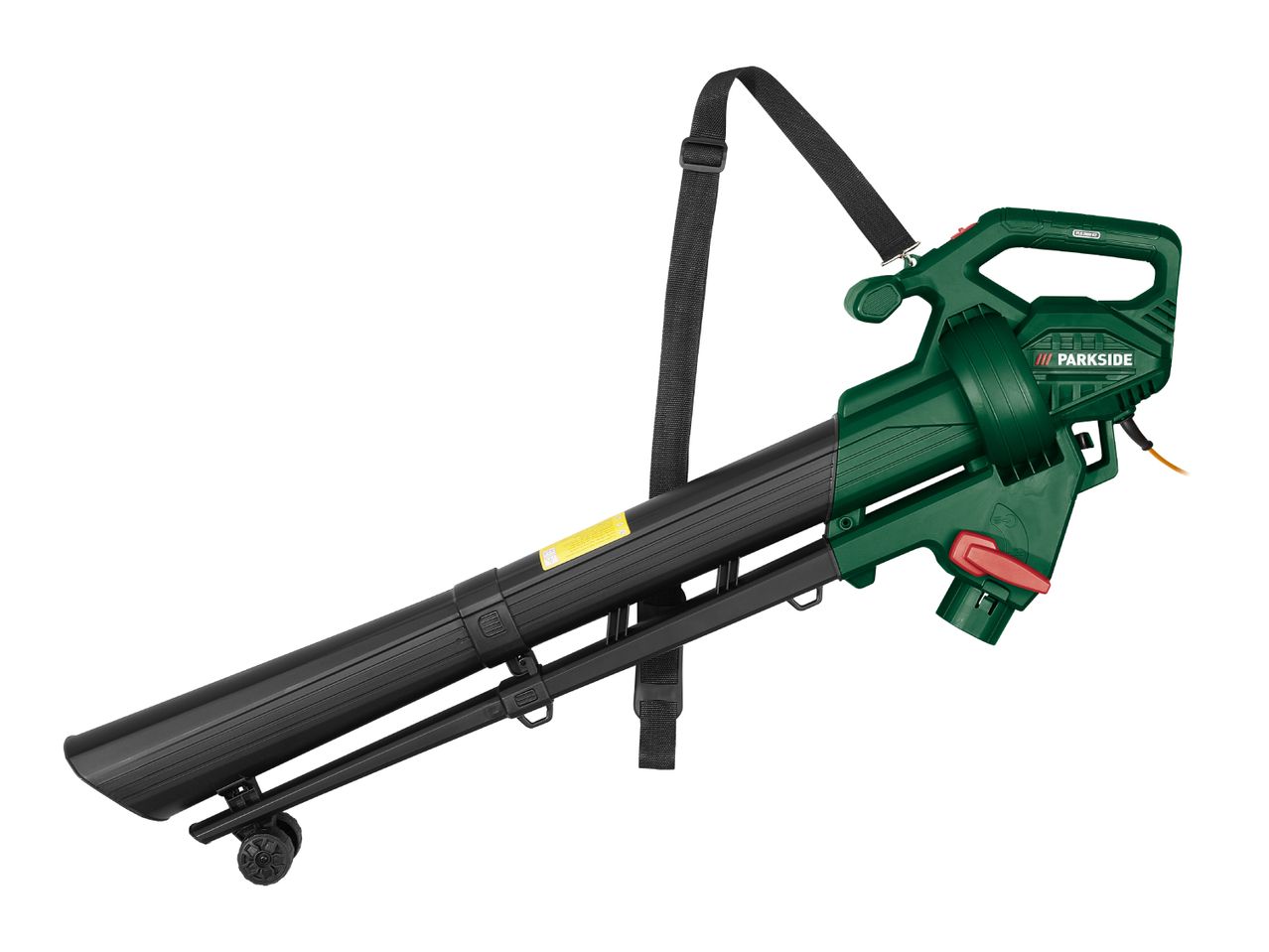 Parkside leaf blower with shoulder strap and wheels.