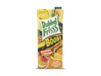Een pak ananas- en mangosap met appel, met de tekst 'Heerlijk verfrissend & boordevol smaak!' en 'Nu met een vleugje zuivel'.