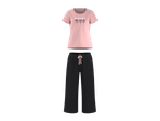 ESMARA pidžama set: Roze majica sa natpisom „BLOOM“ i crne palazzo pantalone.