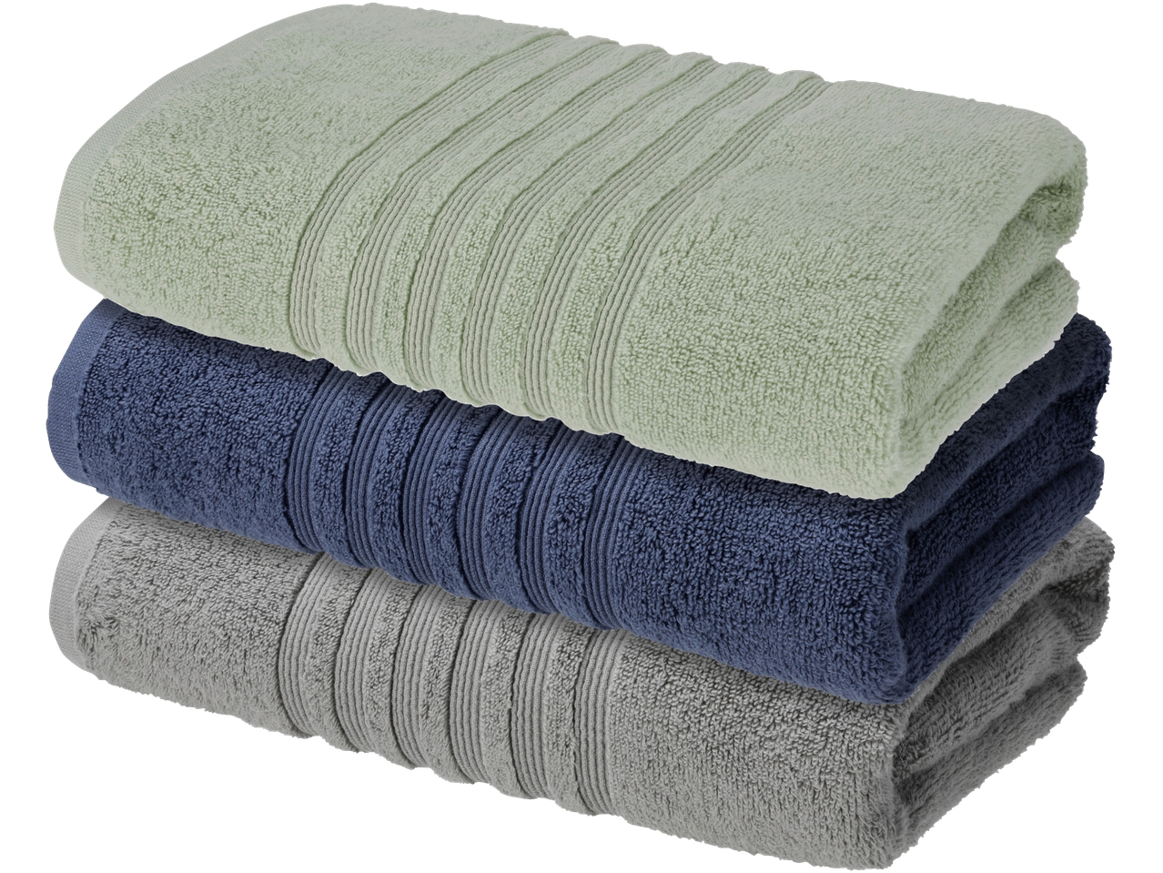 Livarno ručnik: hrpa tri presavijena ručnika u svijetlozelenoj, tamnoplavoj i sivoj boji