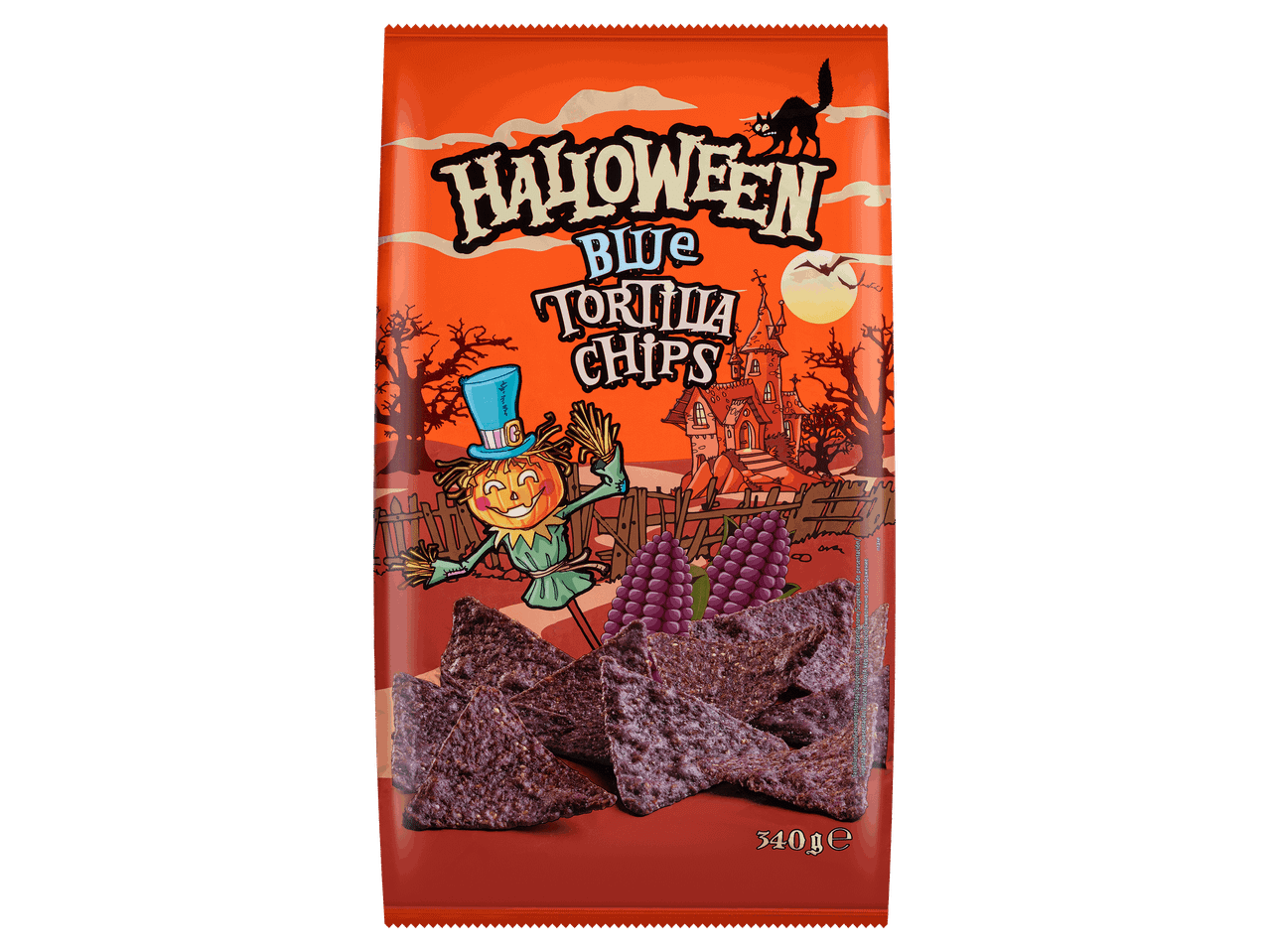 Halloween-i kék tortilla chips 340 g-os kiszerelésben.