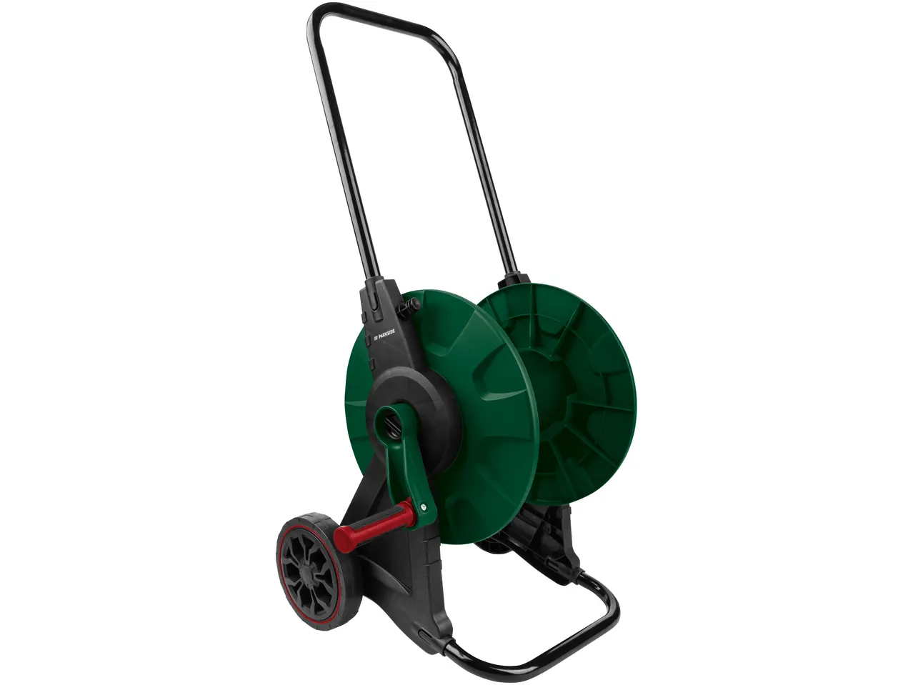 Parkside dārza šļūtenes ratiņi ar riteņiem un rokturi.