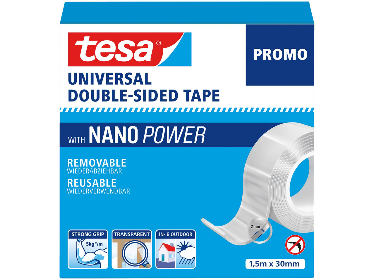 Tesa Universal doppelseitiges Klebeband mit Nanopower, 1,5 m x 30 mm