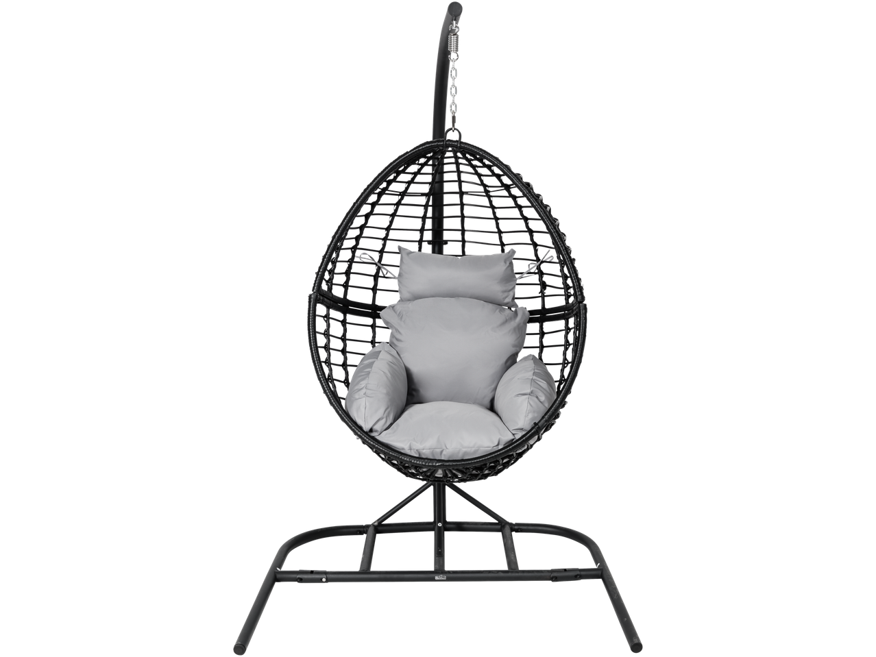Comfortable outdoor hanging chair with grey cushions.