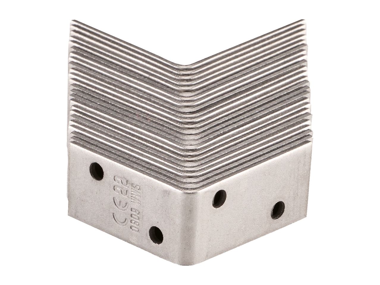 Stack of metal corner brackets with pre-drilled holes