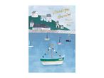 Father's Day card with a coastal village scene, boats, and text: 'To a Wonderful Grandad Happy Father's Day'