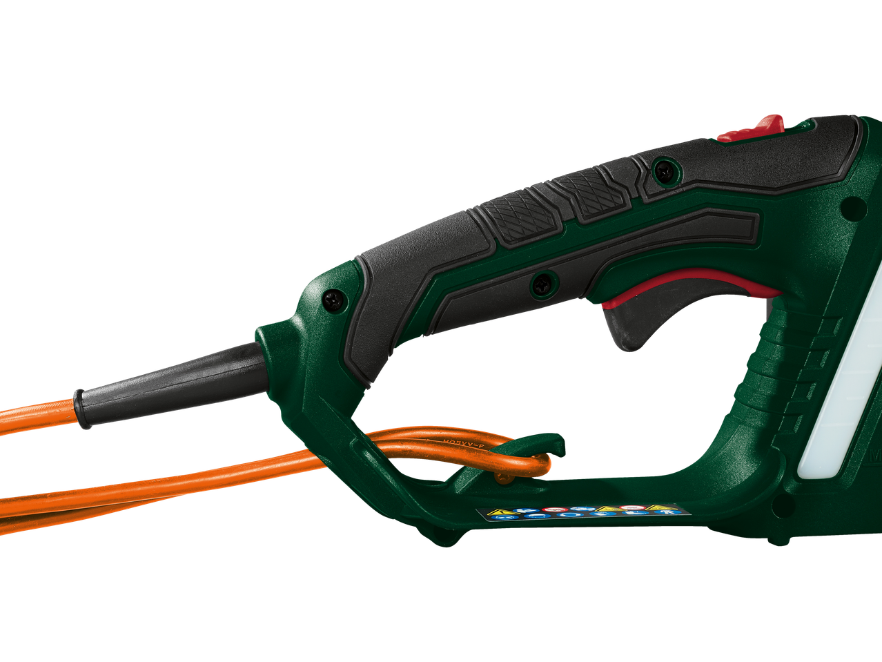 Close-up of the handle and power cord of a Parkside PEKS 2200 B1 electric chainsaw.