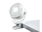 Mini-ventilador TRONIC branco com clipe, preso a uma mesa.